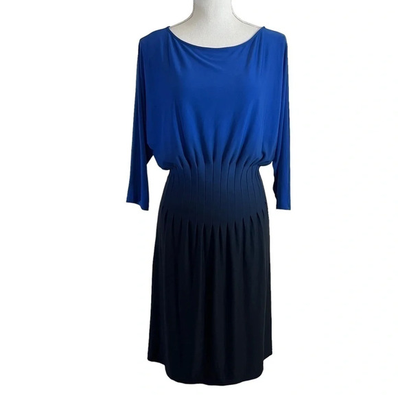 Catherine Malandrino Blue Dress Medium Smocked Waist 3/4 Sleeves Ombre Cocktail - Picture 1 of 8